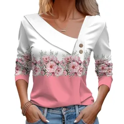 Spring and Autumn New Women's T-shirt Long sleeved Diagonal Neck Colored Flower Print T-shirt