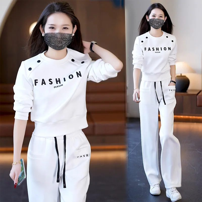 Latest Comfortable Cotton Leisure Sports Suit Lady 2025 Spring Autumn New Skinny Petite Wide Leg Pants Two-piece Set