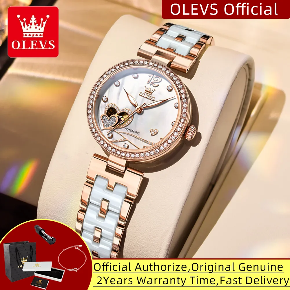 OLEVS 7086 Automatic Watch for Women Hollowed Elegant Ceramics Strap Waterproof Diamond Bezel Luxury Women's Mechanical Watches