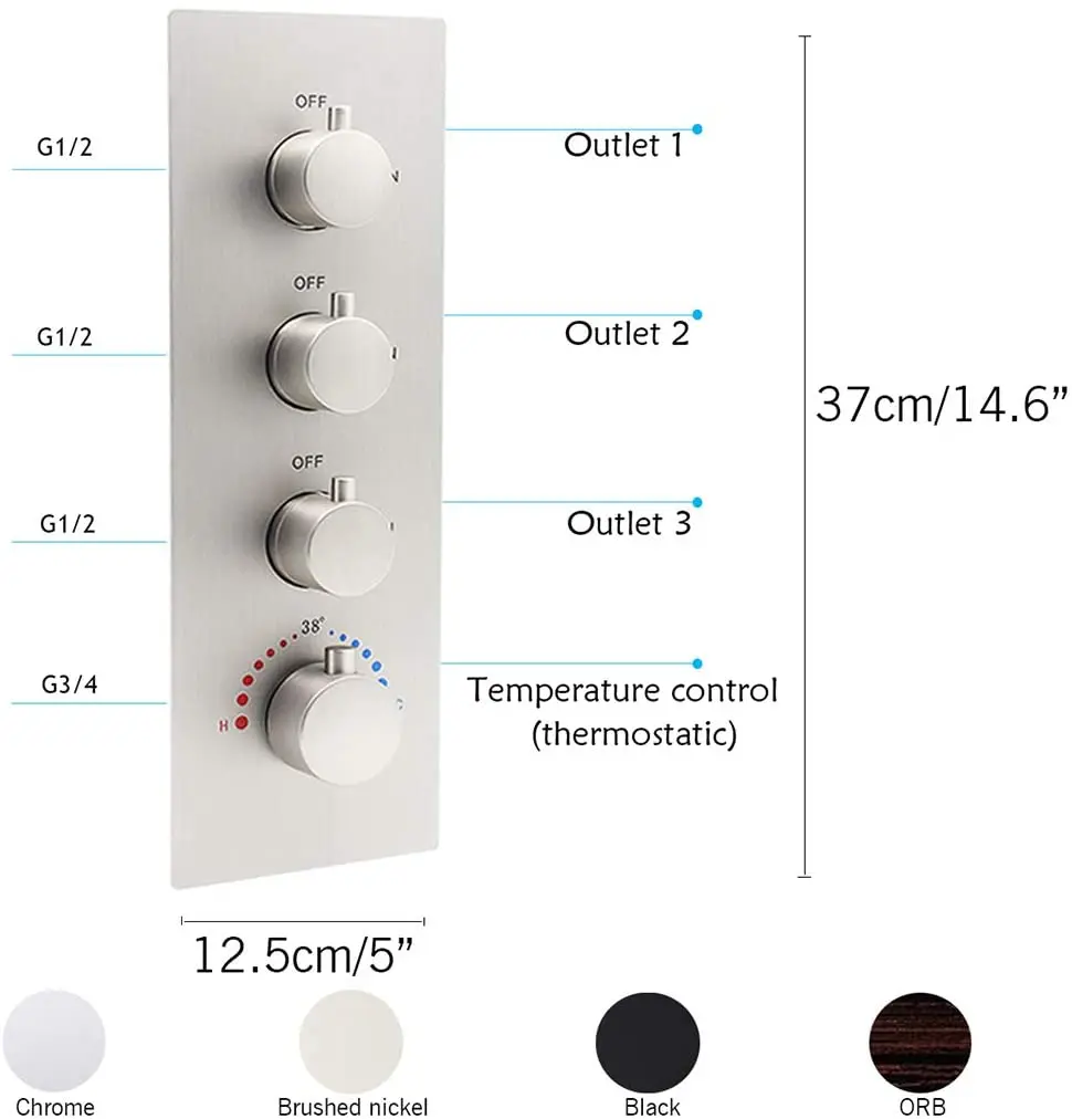 Flows Can Be Control Brass Shower Valve Concealed 3-Outlet Thermostatic  Diverter Mixer 