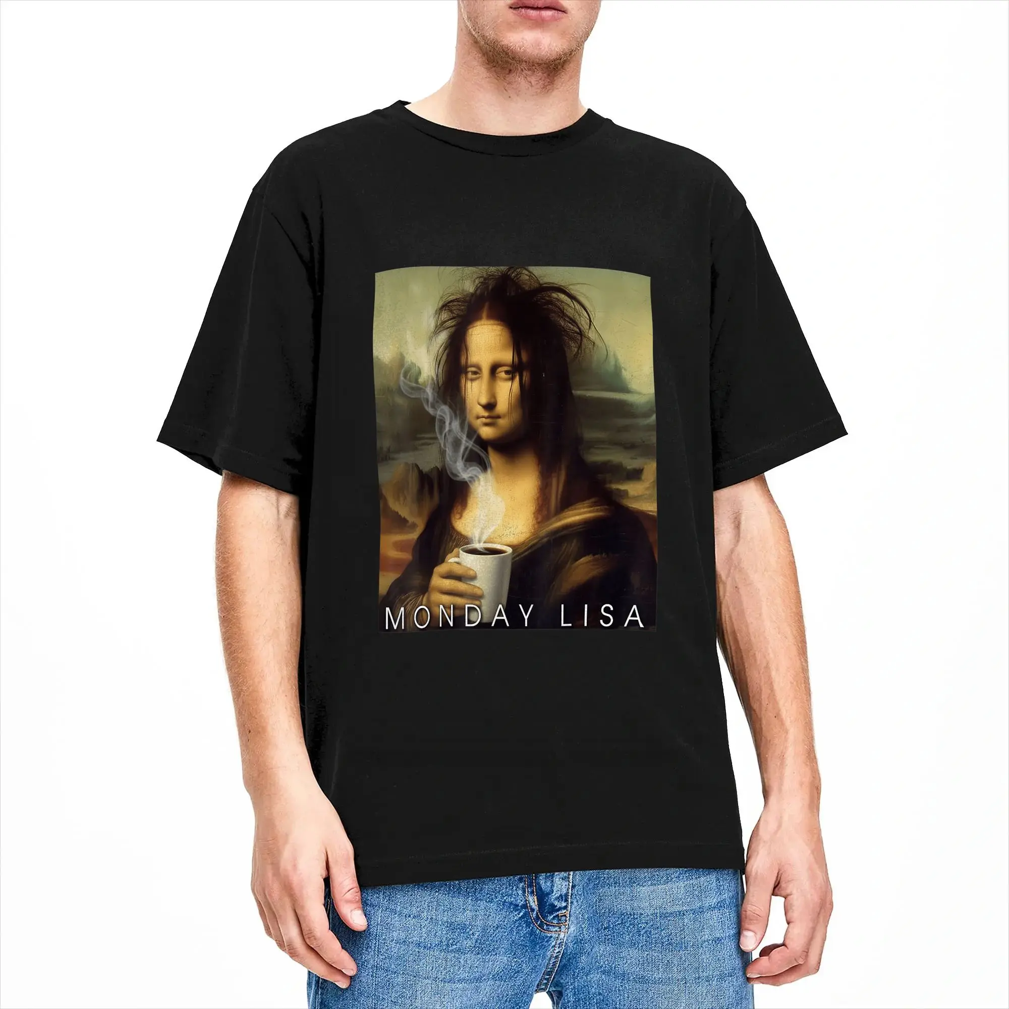 Monday Lisa Funny Coffee Art Parody Mona Lisa Holding Cup T Shirts Men Cotton Casual T-Shirts Short Sleeve Clothing Summer