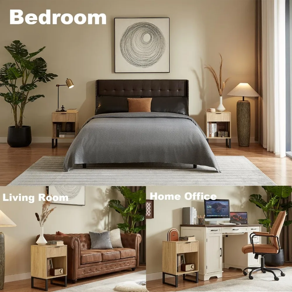 منضدة حديثة لمنتصف القرن، طاولة بجانب السرير من خشب البلوط الخفيف مع درج مخدد وتخزين مفتوح، طاولة نهائية تتميز بمعدن أسود