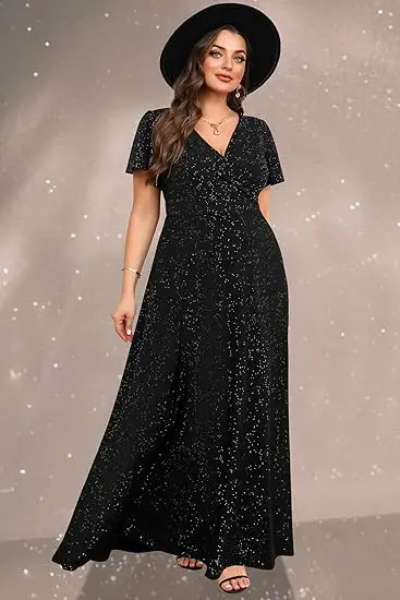 

Customized Sparkle Sequin Pleat A-line V-neck Long Dresses Bespoke Occasion Dresses Retro Simple Fashion Sizes Available Casual