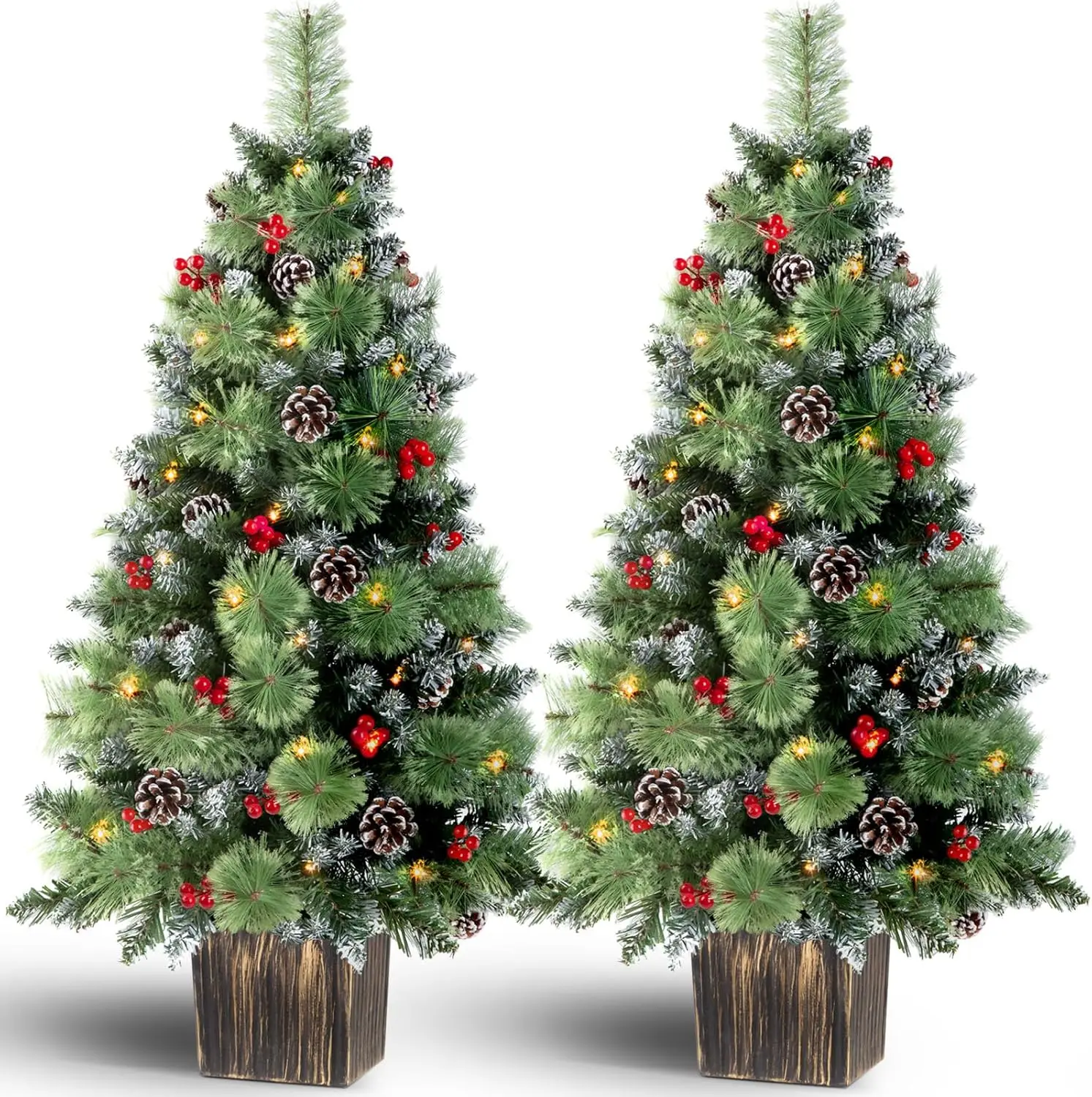 

4FT Potted Christmas Tree with 100 Lights, 2 Pack Artificial Xmax Tree, Timer, Pine Cones & Red Berries, Battery Operated for Ou
