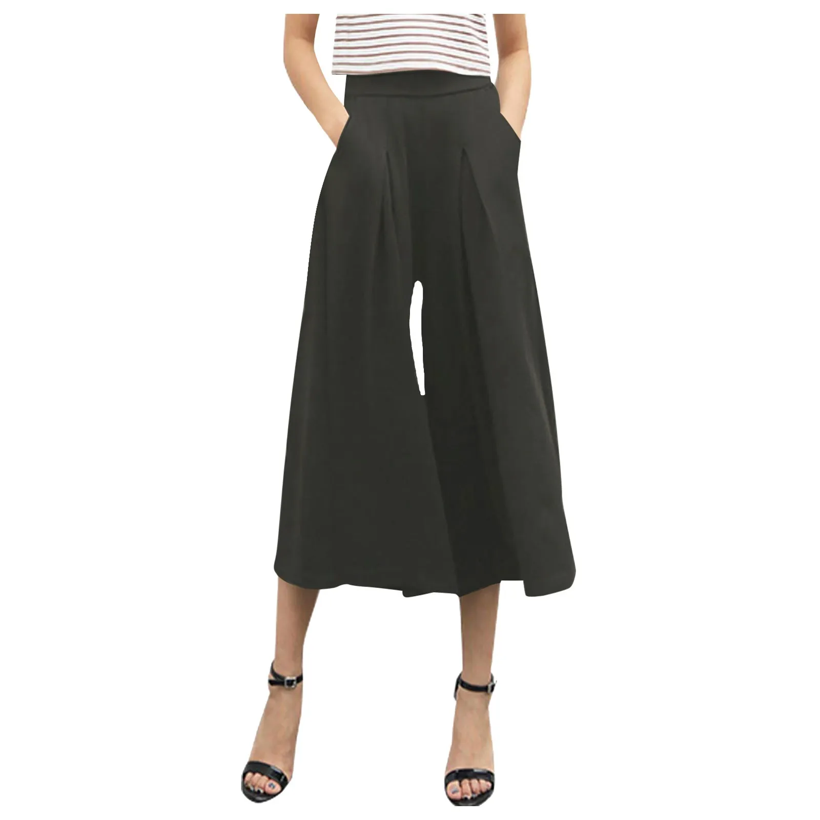 

Women Culottes Skirt Pants High Elastic Waist Loose Irregular Hem Ankle Length Solid Color Soft Breathable Female Trousers