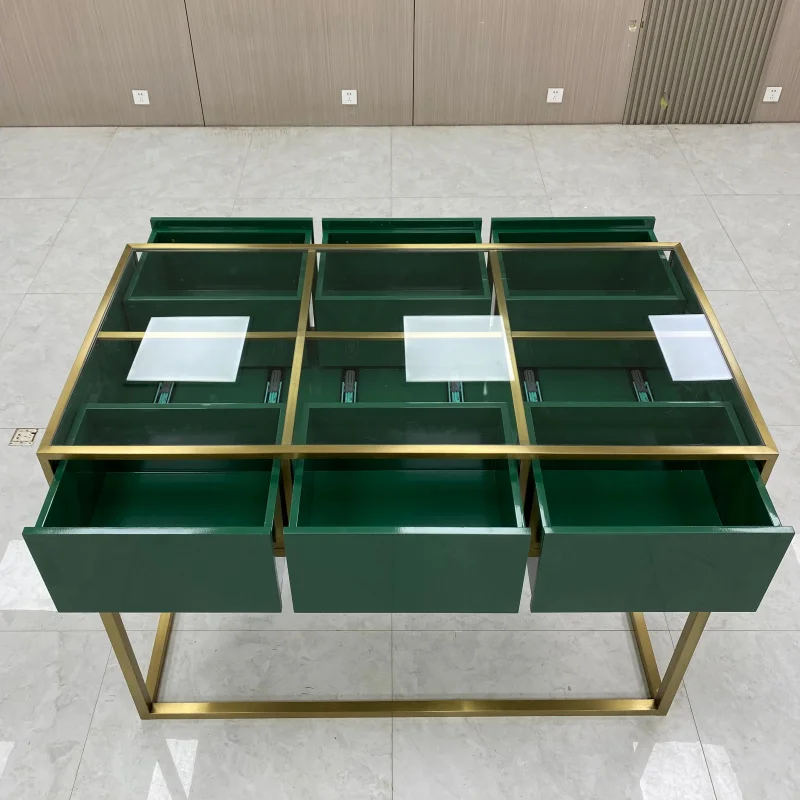 

Customize.Jewelry Center Island Display Cabinet Dark Green Gold Style Multi-grid Drawer Jewelry Jade Display Rack Display