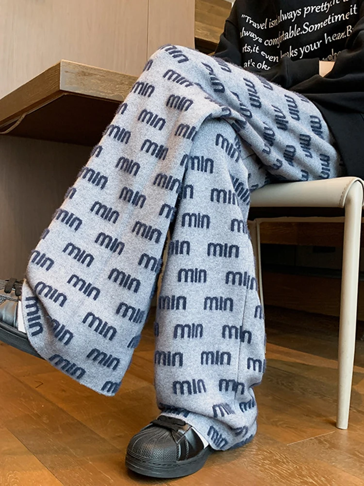 

Мужские твидовые брюки в американском ретро-стиле, зимние повседневные прямые брюки с вышивкой букв, свободный крой, удобные брюки для отдыха