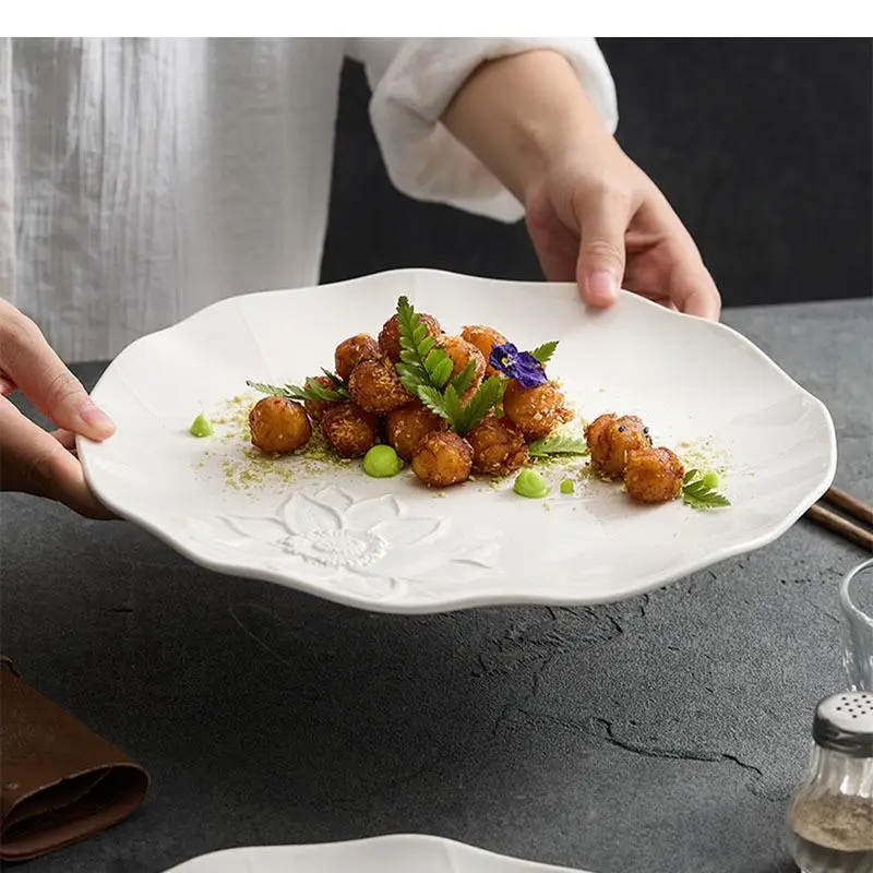 Pure White Relief Plate Ceramic Steak Pasta Sushi Plates Restaurant Molecular Cuisine Tableware
