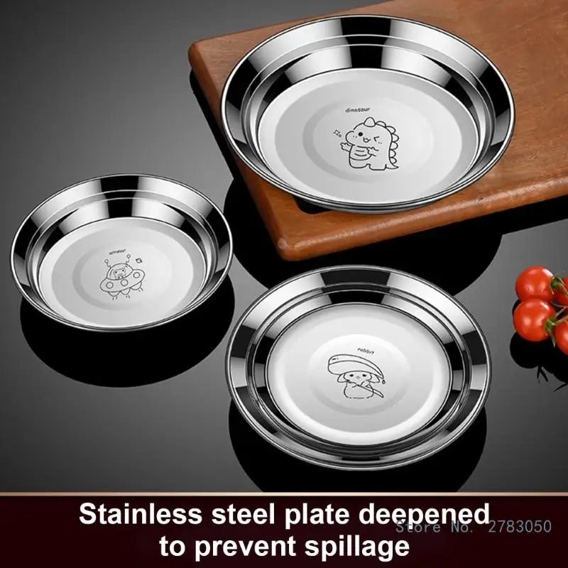 Set of 3 Stainless Steel Heat Resistant Plates Thickened Round Fruit Dish for Home and Restaurant Practical Tableware