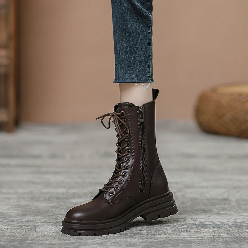 

Short boots 2026 autumn and winter new item thick soled versatile brown short boots with slim midsole single boots