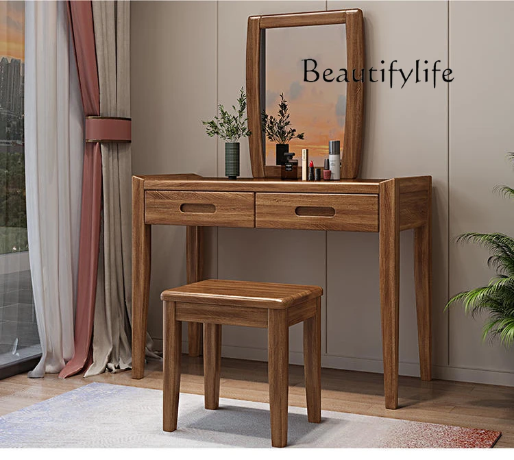 Meja Rias Kayu Solid Walnut 2 Laci Set Meja Rias Cermin Sederhana Bangku Laci Meja Rias Kamar Tidur Kayu