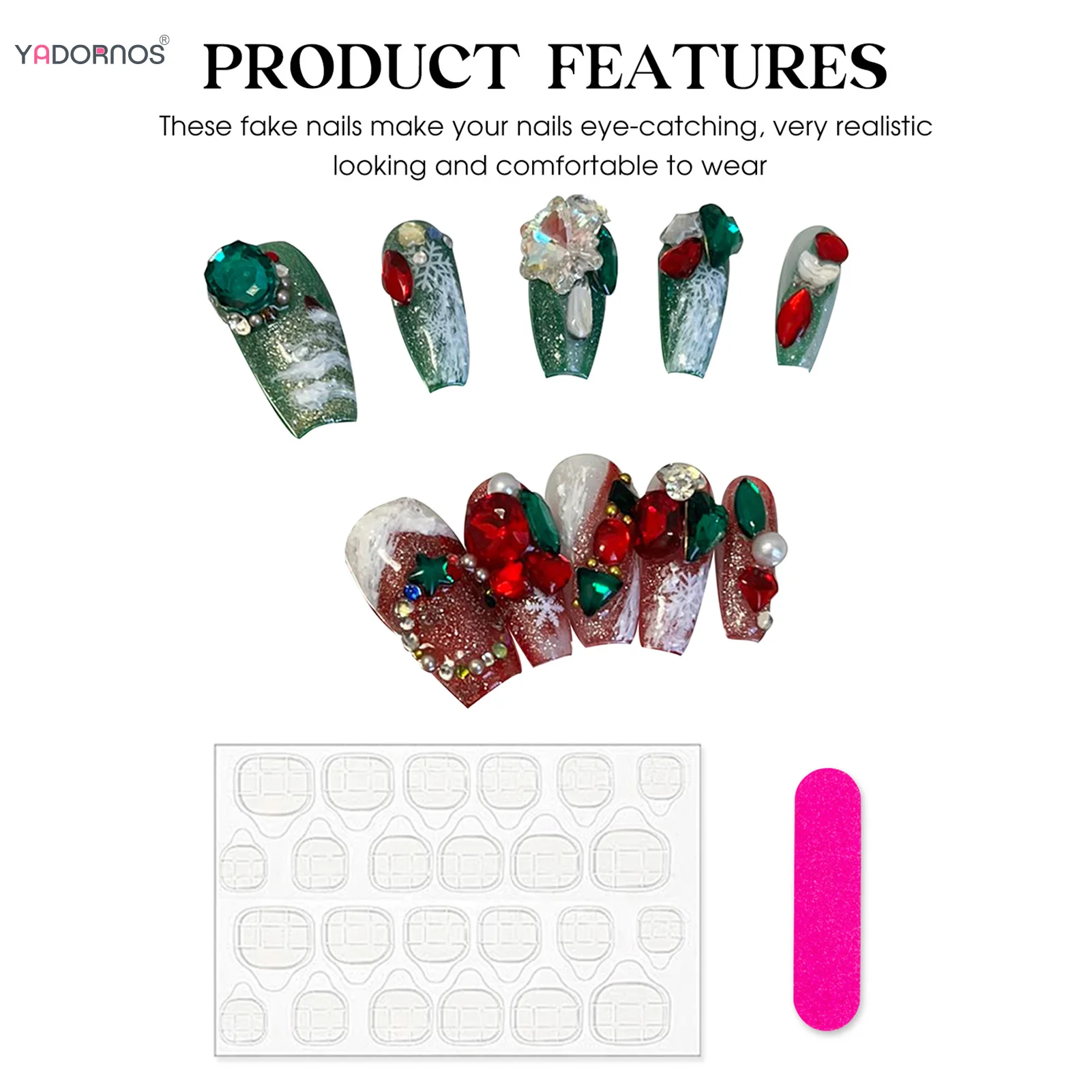 Handmade Press On Nails com Floco de Neve, Verde, Vermelho, 3D, Brilhante, Diamond Designs, Wearable, Manicure, DIY, Natal, 10Pcs
