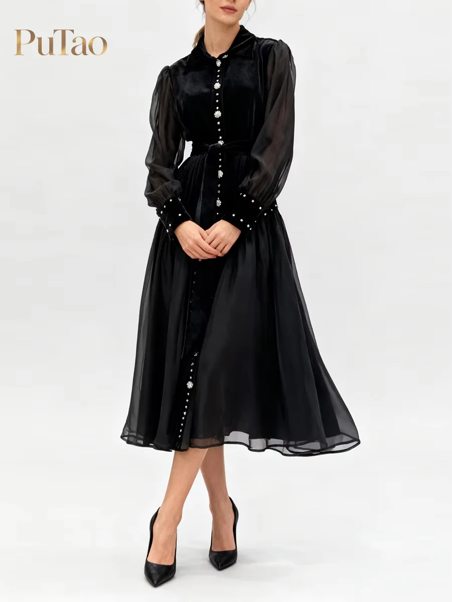 Putao Velvet Sheer Sleeve Evening Gown Sparkly Pearl Buttons Decor Adjustable Waist Belt Full Cover Flowy Midi Formal Dress
