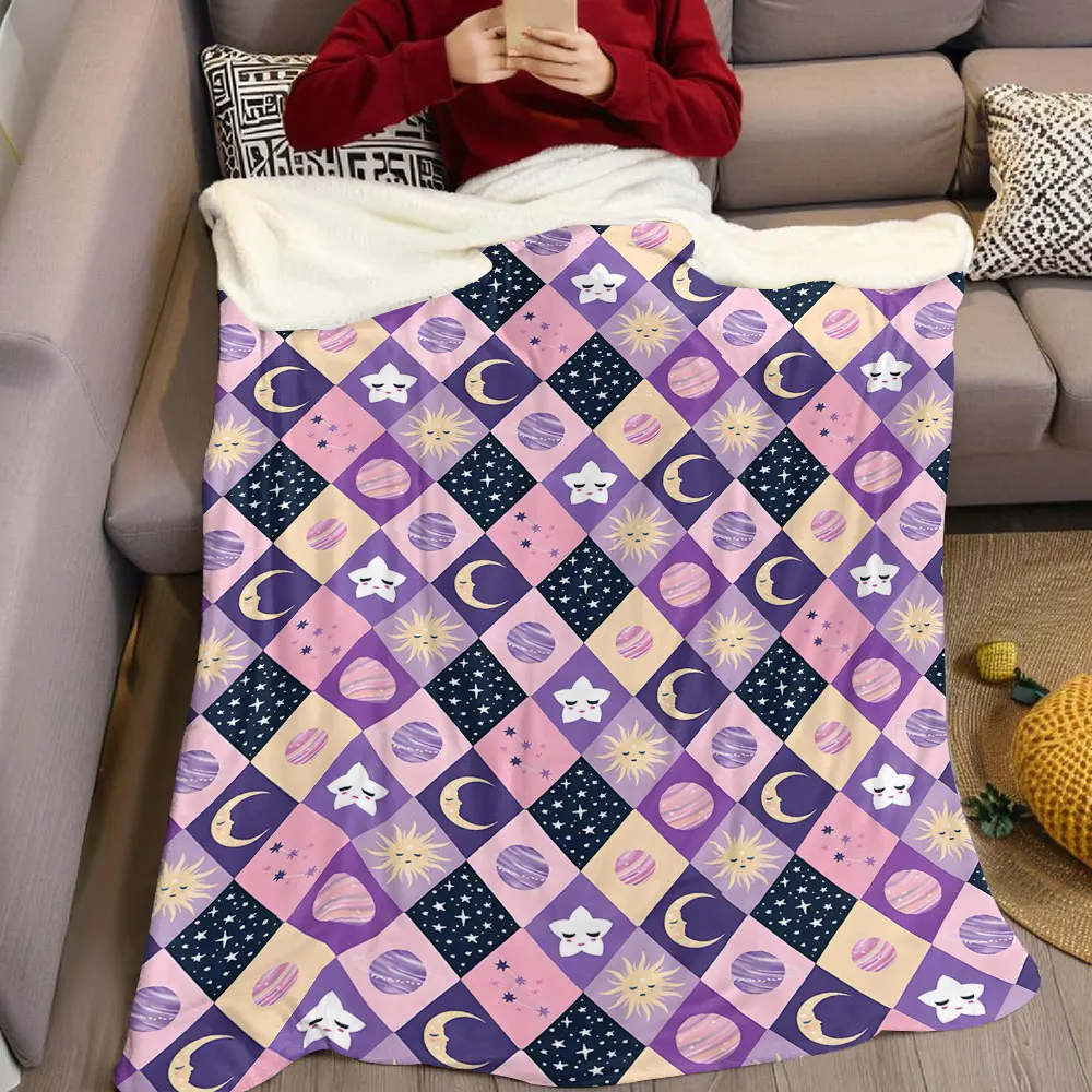 Pastel Space Argyle Check Flannel Blanket Warm Soft Halloween Christmas Decorative Couch Warm Cozy All-Season Gift