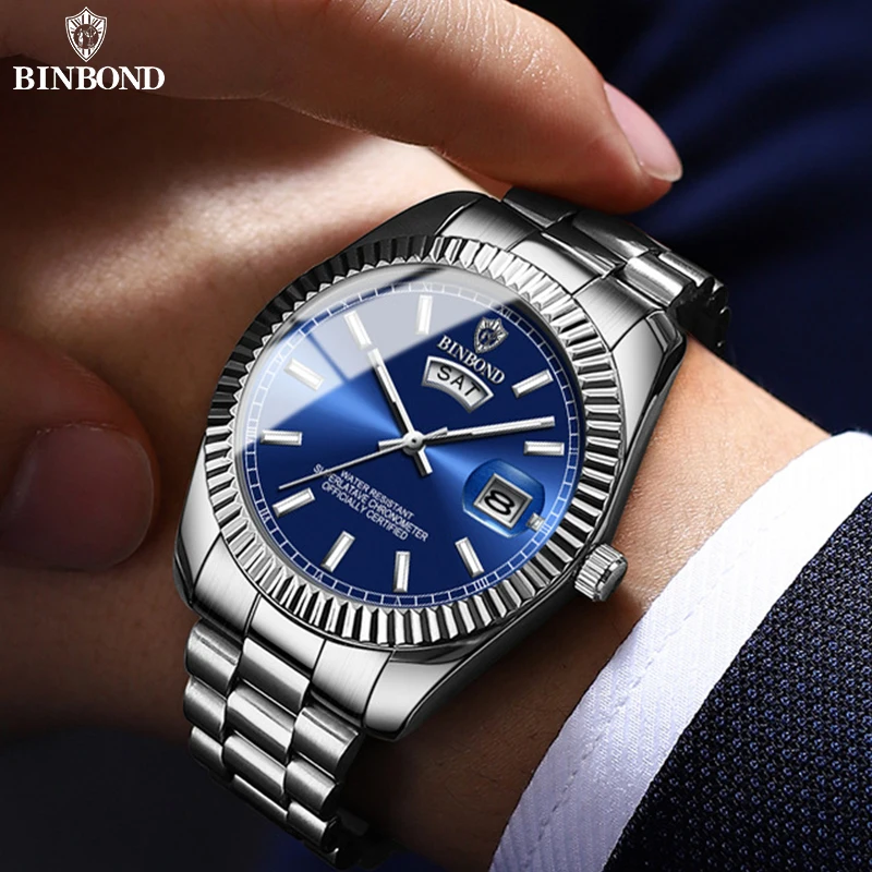 BINBOND B7012 Mens Fashion Business Sports Quartz Watch 30M Waterproof Luminous Classic Calendar Creative Clock Mens Wristwatch