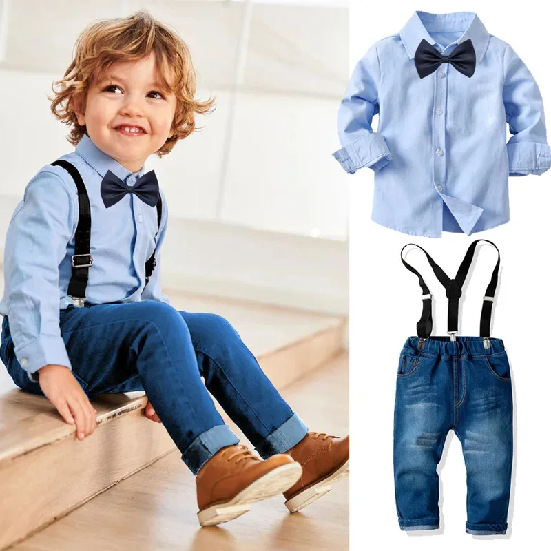 

Baby officially handsome wedding set Spring and autumn long -sleeved gentleman set pure cotton children's top denim band trouser