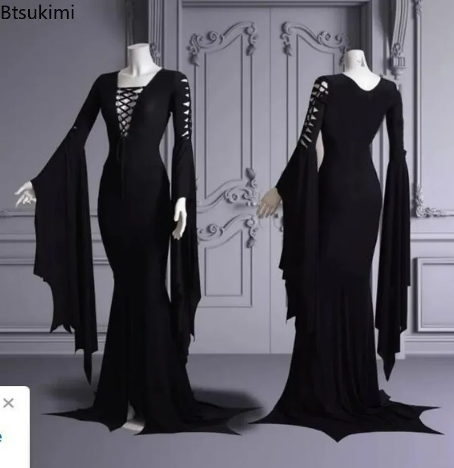 2024 Women's Morticia Addams Cosplay Floor Dress Costume Adult Women Punk Gothic Witch Vintage Sexy Lace Up Slim Gown Halloween