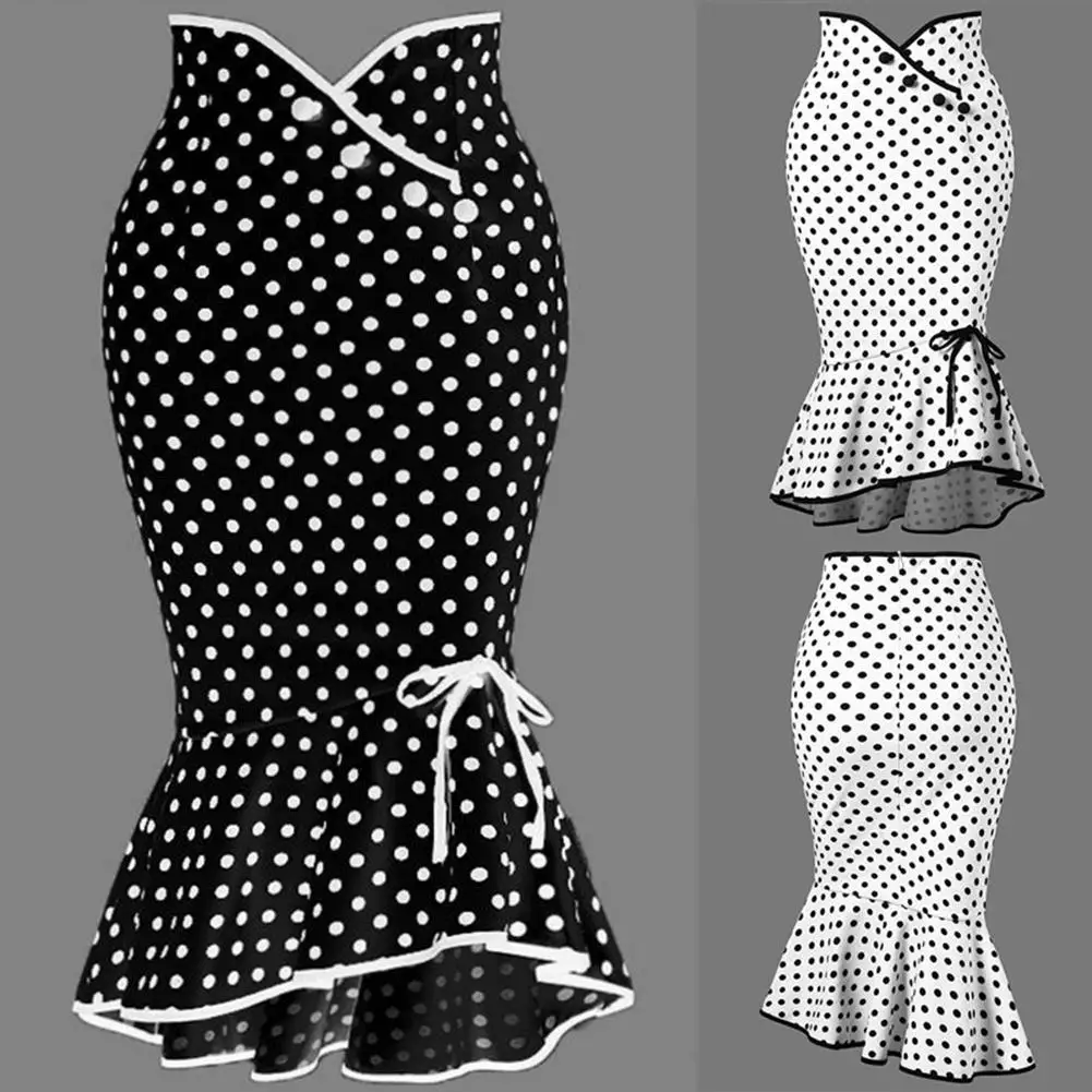 

Summer Polka Dot Button Lace up Fi Tail Skirt Street Sle Midi Skirt round Dot Pattern Middle Waist Design Polyester Material