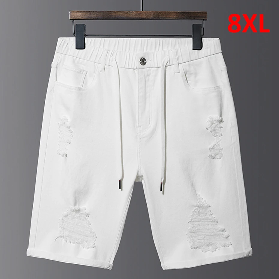 Shorts jeans de buraco rasgado masculino, calça curta de verão, cintura elástica, moda casual, tamanho grande, fundo Aflczyu, plus size, 8XL