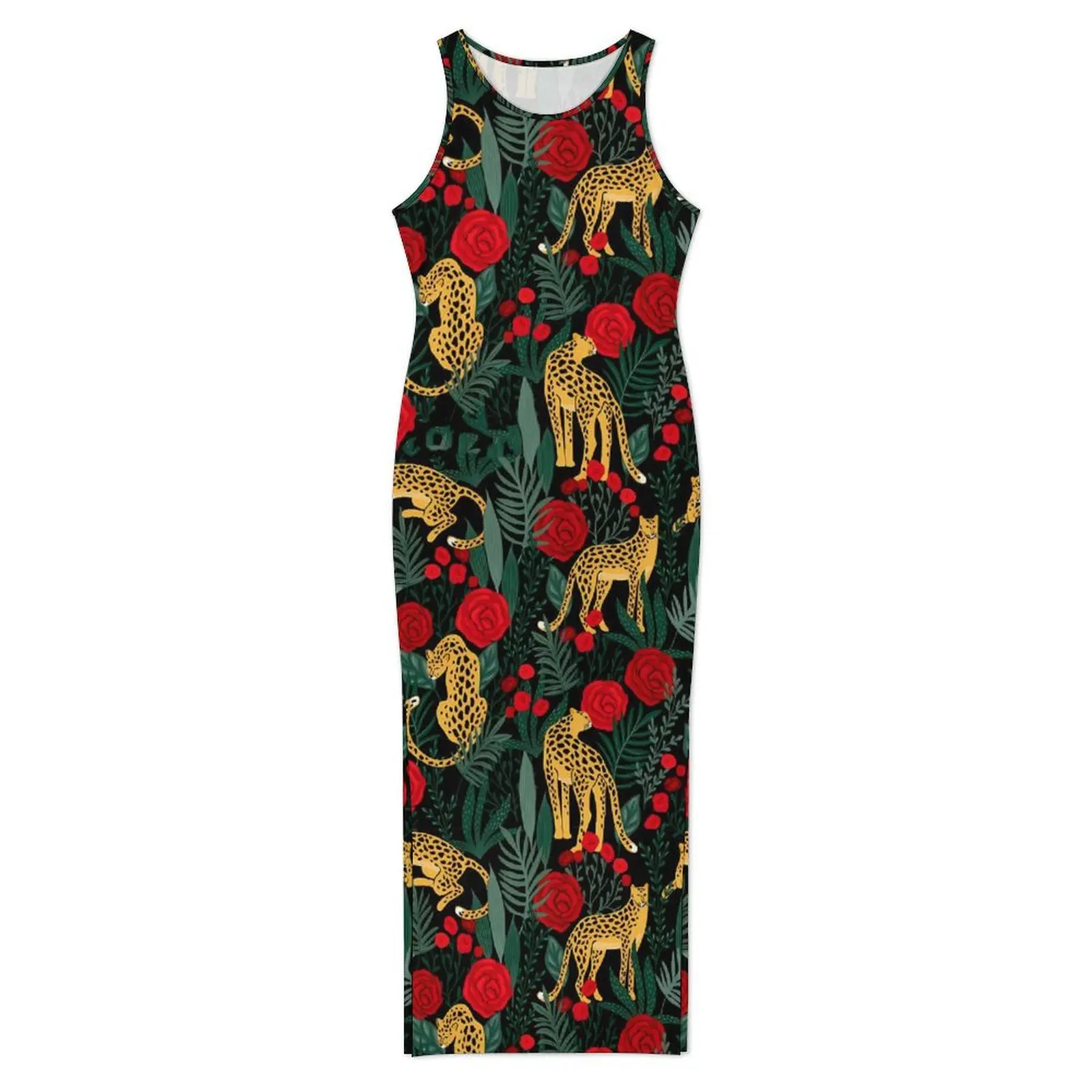 Floral Leopard Dress Sleeveless Red Roses Print Korean Fashion Maxi Dresses Pretty Bodycon Dress Woman Pattern Oversized Clothes
