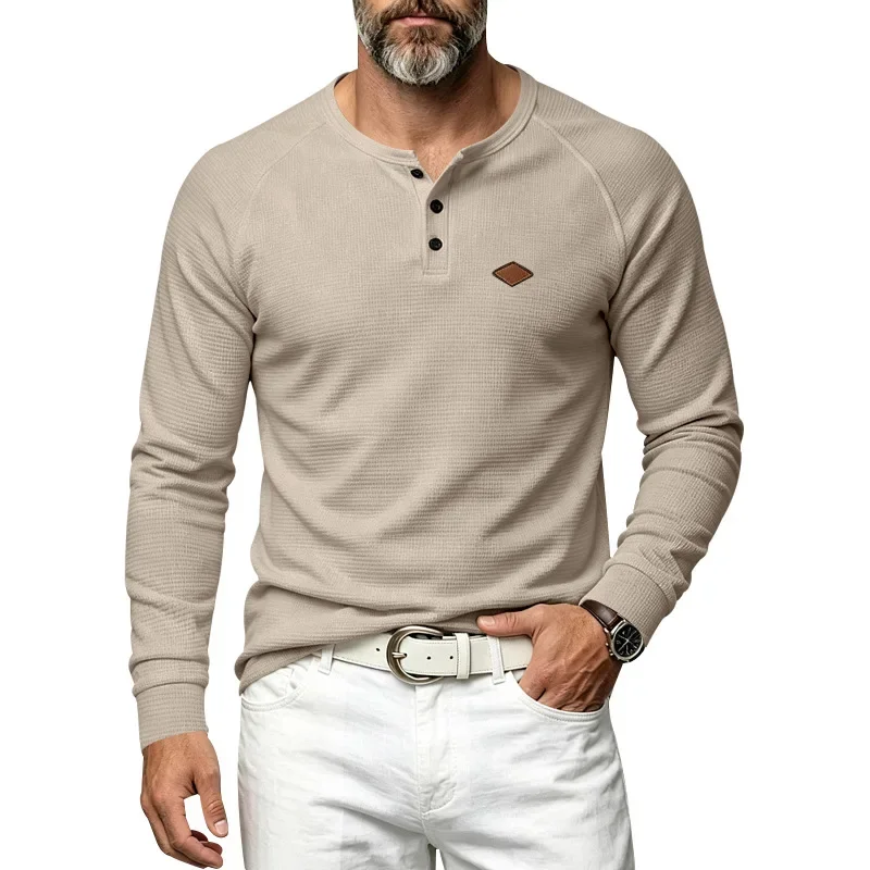 2026 Men's Waffle Long Sleeve Henley Shirt, Knitted Solid Color Rough Sleeve 3-Button Placket Casual Top