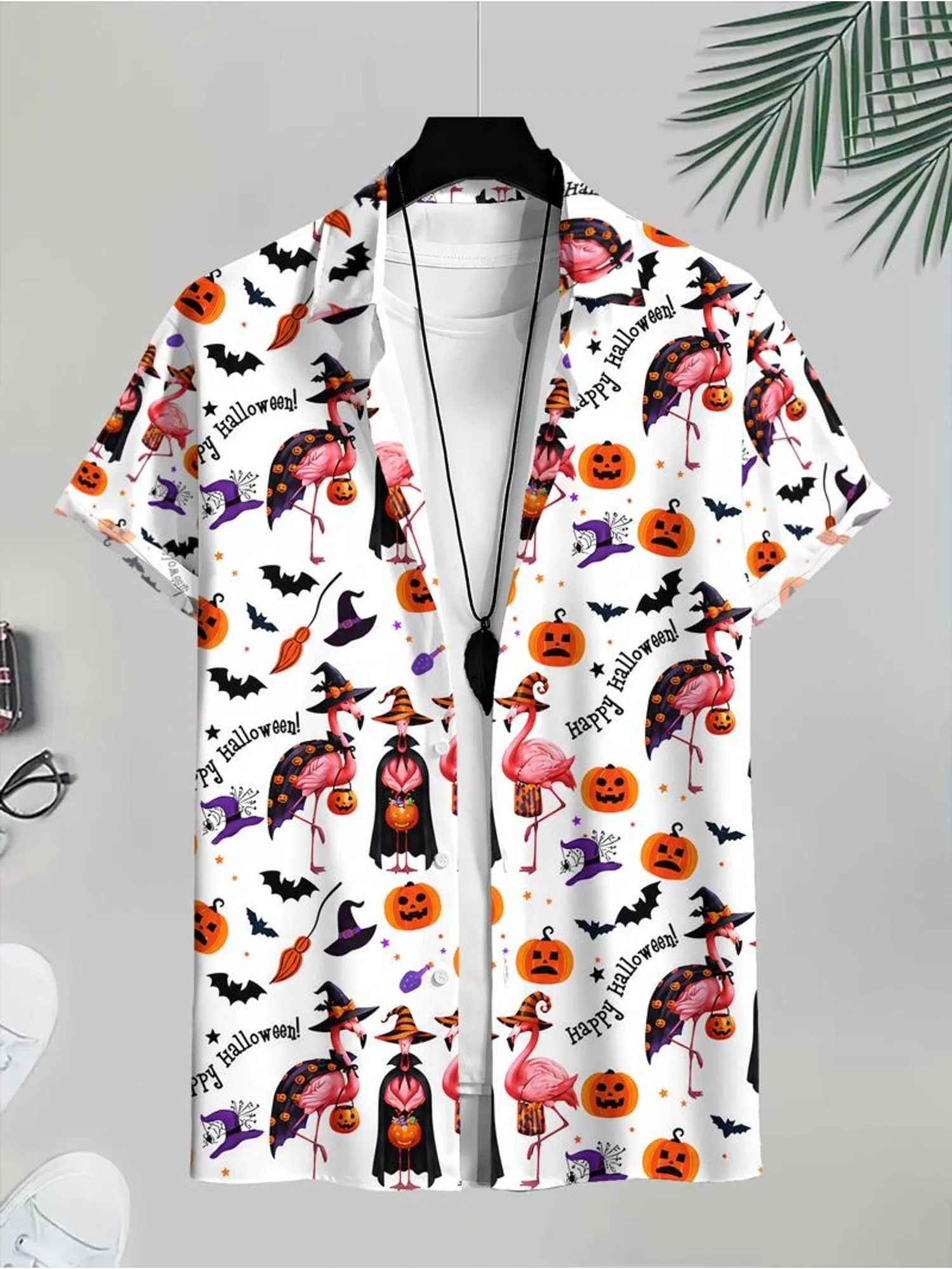 Men Halloween Flamingo Short Sleeve Shirt Witch Hat Pumpkin Bat Print Turn‑Down Collar Party Shirts