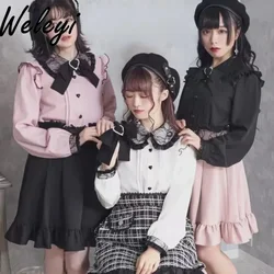 Jirai kei lolita camisa superior feminina japonesa 2024 primavera e outono doce arco manga comprida bonito renda manga bolha camisas de moda