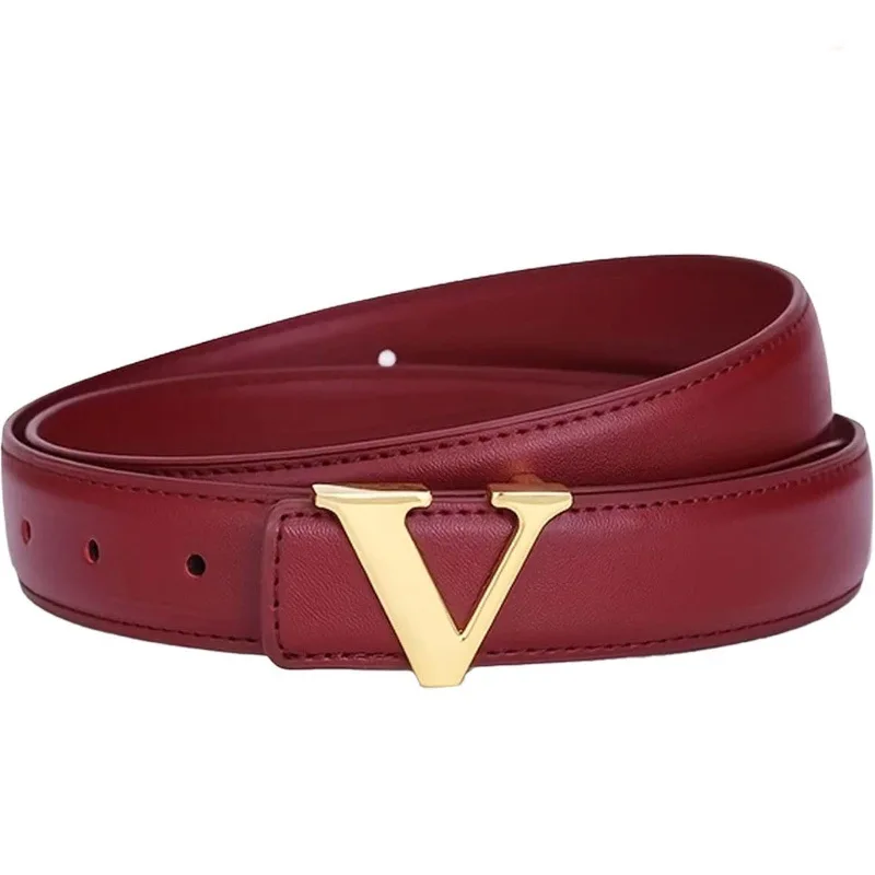 2026 Women's Korean Style Genuine Leather Belt Smooth Buckle V Letter Minimalist for Jeans Skirts Casual Pants