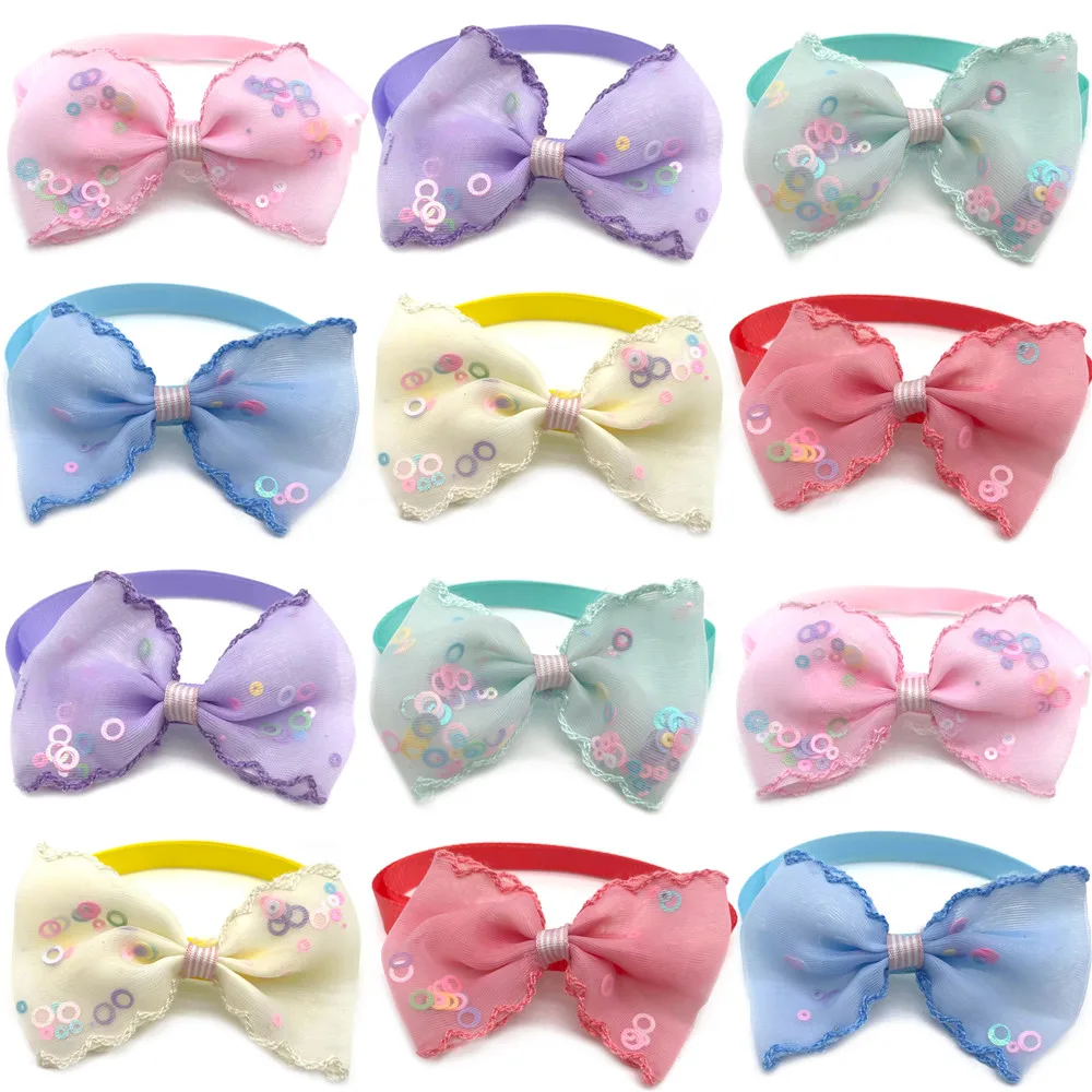 50/100pcs Pet Dog Cat Bow Ties Adjustable Collar Mesh Sequins Neckties for Small Dog Dog Grooming Accessories Pet Products