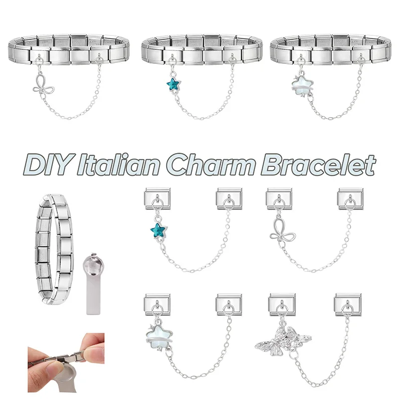 

New Girls Star Bow Zircon Tassel Chain Italian Charm Links Fit 9mm Bracelet Stainless Steel DIY Jewelry Making