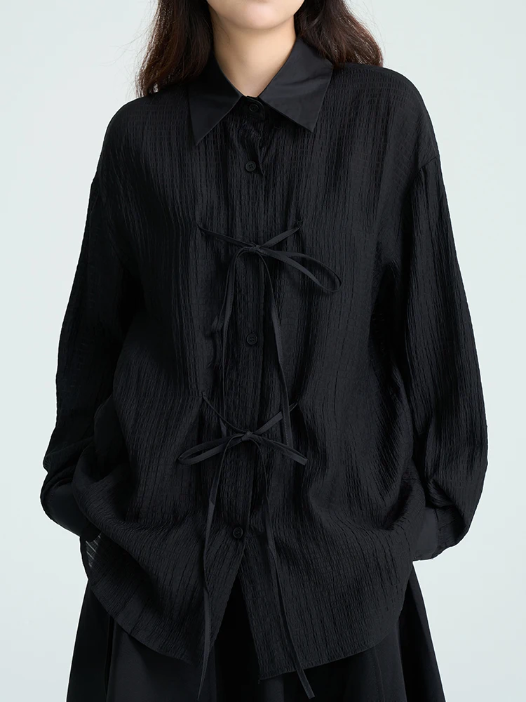 

k Bla Long Sve irt Women's Thin Fabric Bow Tie irt Loose Fit Polyester Material Knot Outerwear Coat