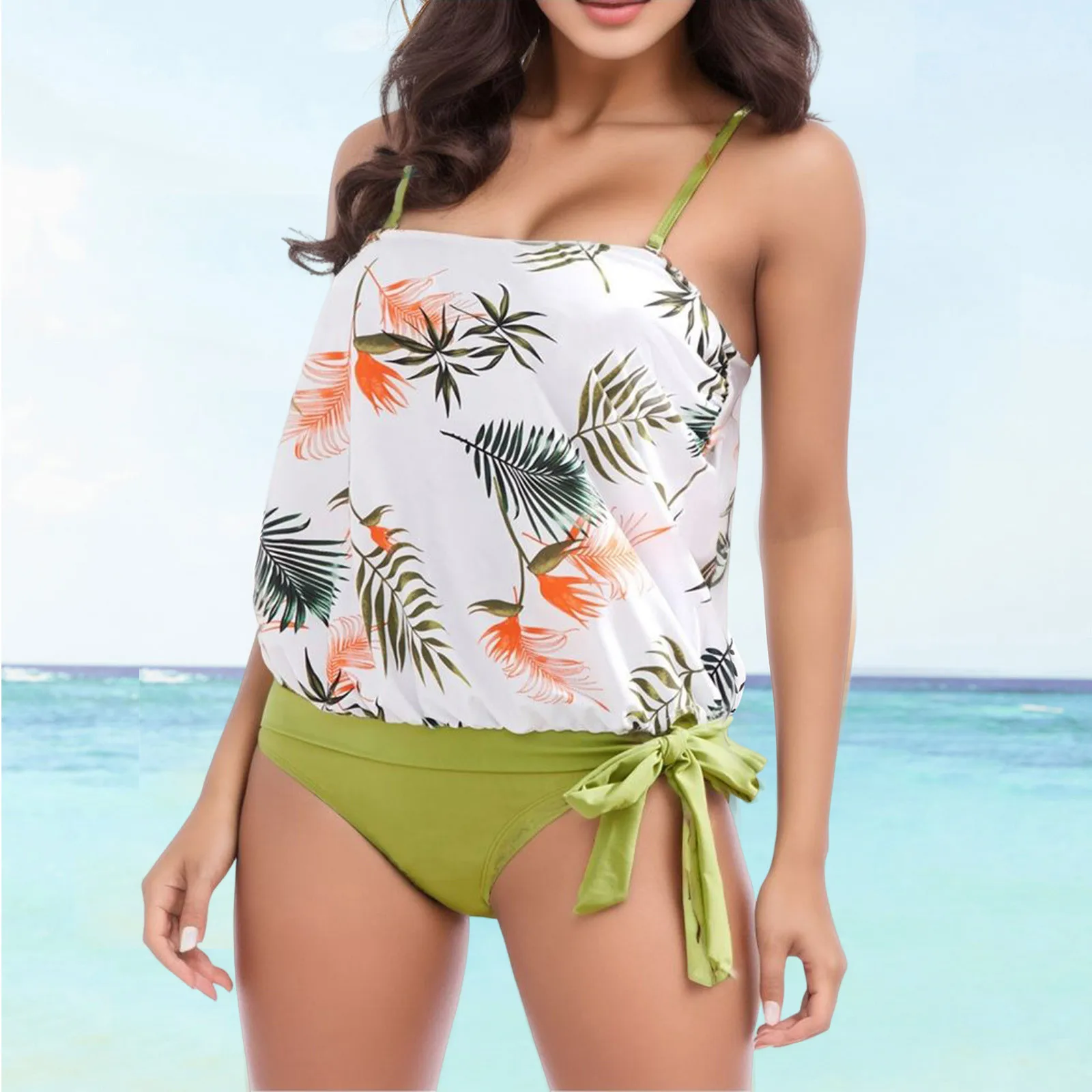 Women Swimsuits Print Split Floral Loose High Waist Fashion Bathing Suit Solid Print Beach Swimwear Bikinis Tankini Summer