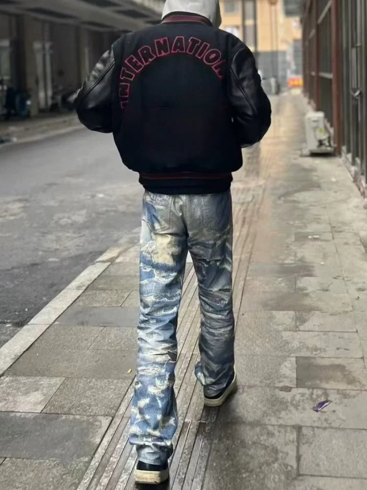 2026 American Retro Y2K Streetwear 3D Printed Old Blue Slim Jeans Pants For Men Clothing Straight Denim Trousers Pantaloni Uomo