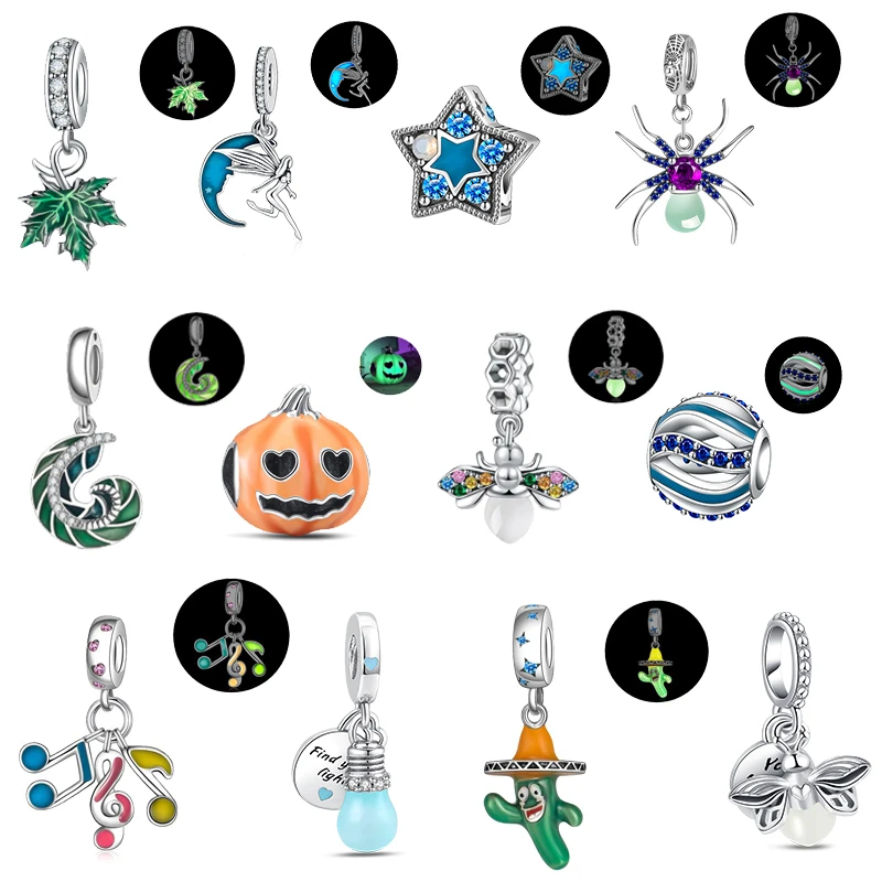 

925 Sterling Silver Glow in the dark Cactus Pentagram Spider Fit Original Pandora Charm Bracelet DIY Making Jewelry Pendants