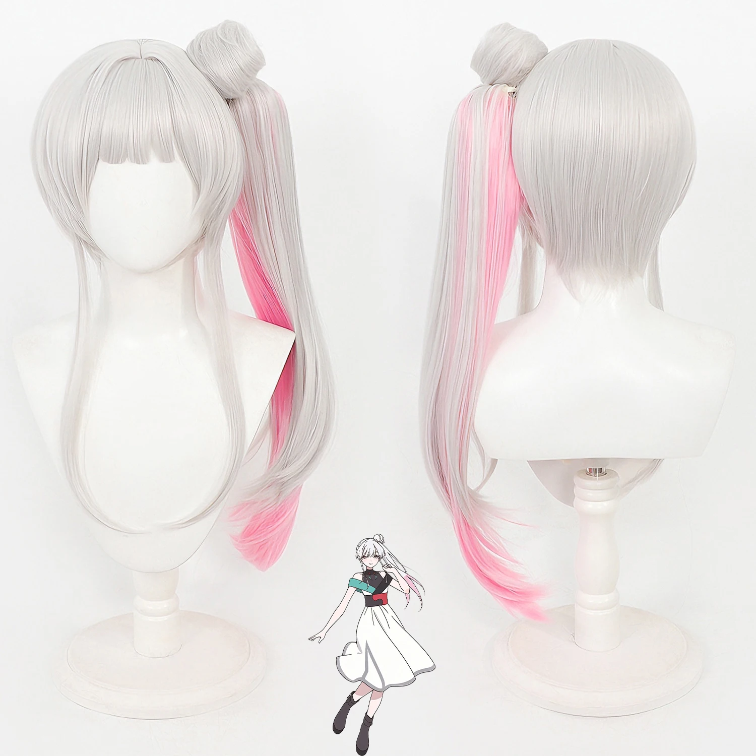 Blue Archive Tsukimi Yachiyo Cosplay Wig Silver Pink Gradient Twin Ponytail Detachable Bun Heat Resistant Wig Cap for Halloween
