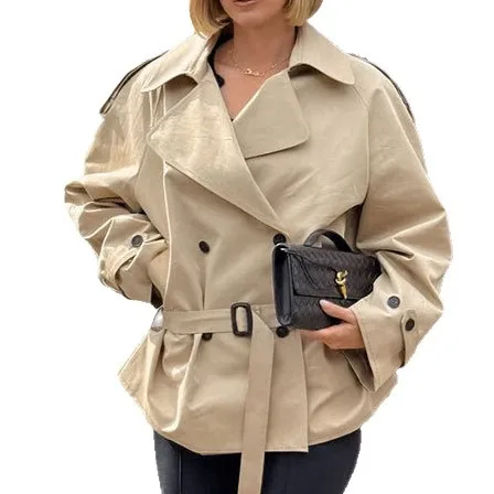 Nowa kolekcja damska jesień-zima 2025: elegancka, modna, uniwersalna kurtka wiatrówka z długim rękawem, kołnierzykiem i wiązaniem w talii, zapewniająca ciepło.