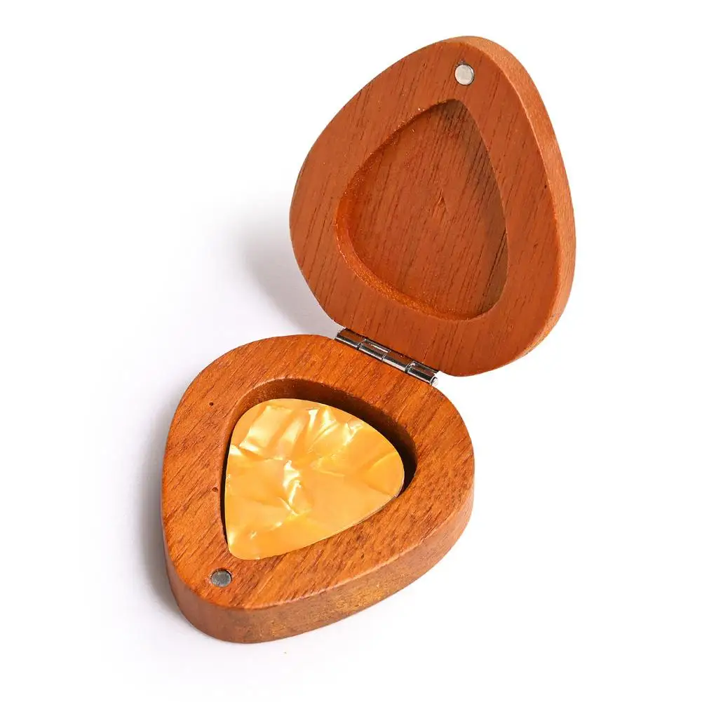 Wood Guitar Pick Holder Pick-Shaped Guitar Storage Plectrum Container Display Case With 5 PCs Colorful Guitar Picks