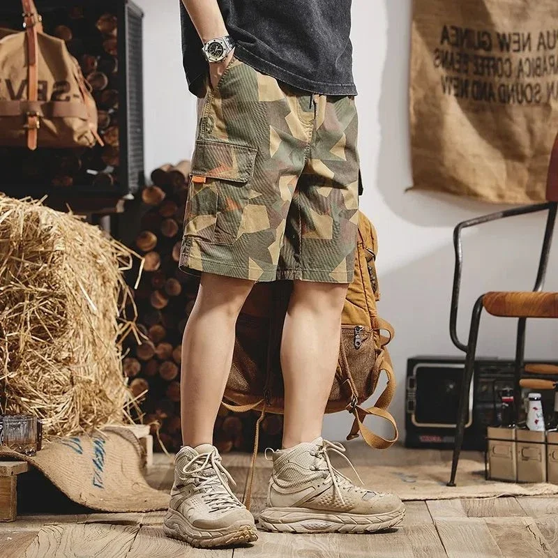 Male Short Pants Camo Elastic Waist Camouflage Men\'s Cargo Shorts with Draw String Designer Luxury Harajuku Loose Homme Strech