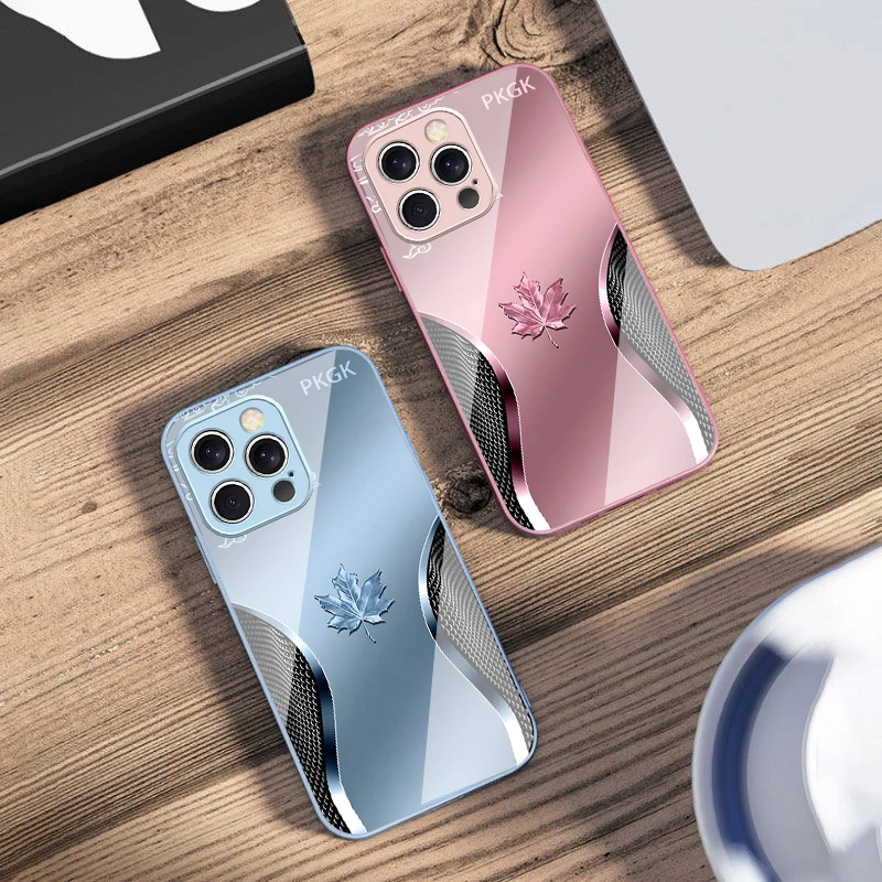 Gradient maple leaf For iPhone 16 E 15 14 13 Plus 12 mini 11 Pro Max XR Xs Max 16E X 7 8 6 6S 2022 Tempered Glass Phone Case