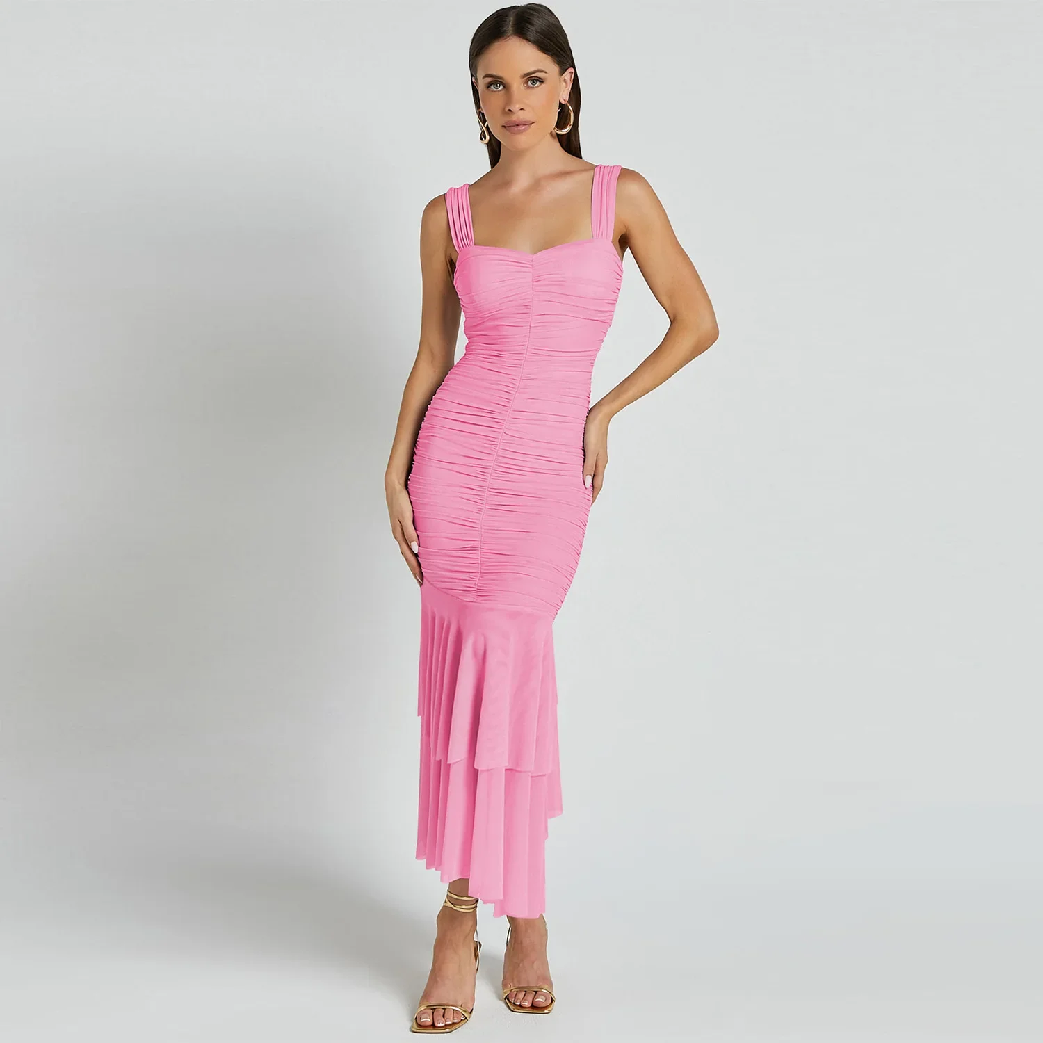 2025 verão moda emenda feminino cinta vestido dupla camada malha simples cor sólida feminino apertado vestidos de banquete