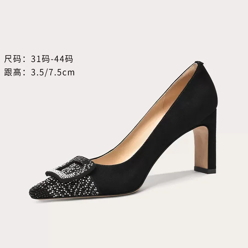 

Spring and Summer New Pointed Velvet Rhinestone Thick Heel Shoes Square Heel High Heel Party Dress Large and Small Women's Shoes