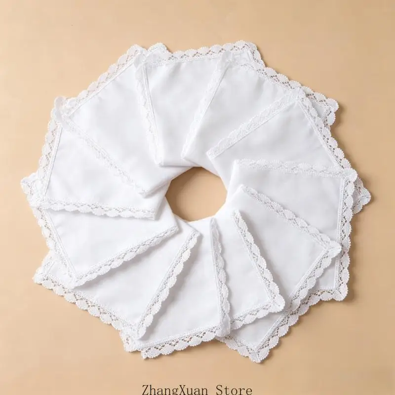 Weißes Taschentuch-Set aus Baumwolle mit Spitzenbesatz, gewelltes Stoff-Hochzeits-Brauttaschentuch zum Tragen, DIY-Stickhandtuch – Detail 9