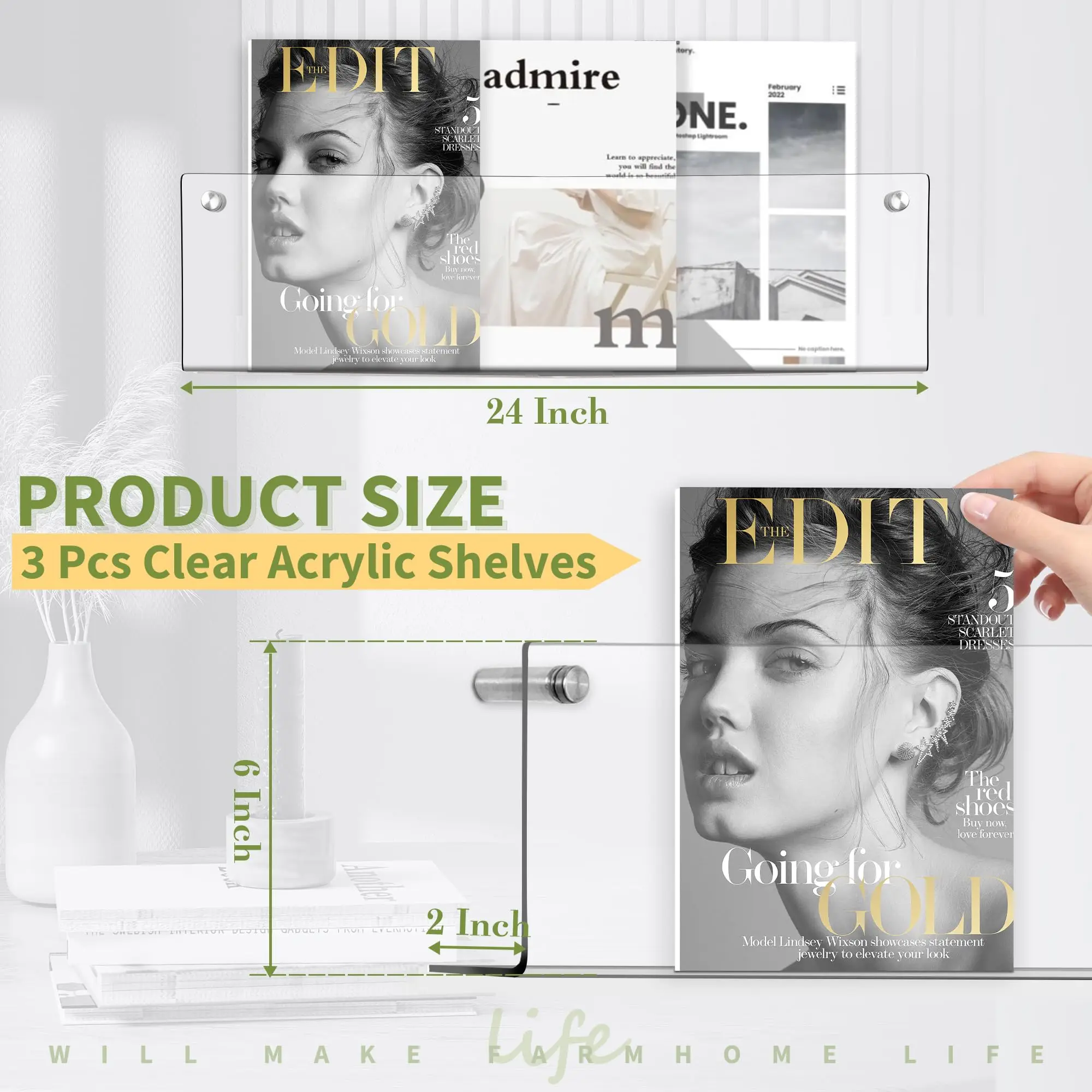 Clear Acrylic Magazine Holder - Wall Mount Hanging Bookshelf Literature Storage Rack - Brochure File Display Shelf for Room