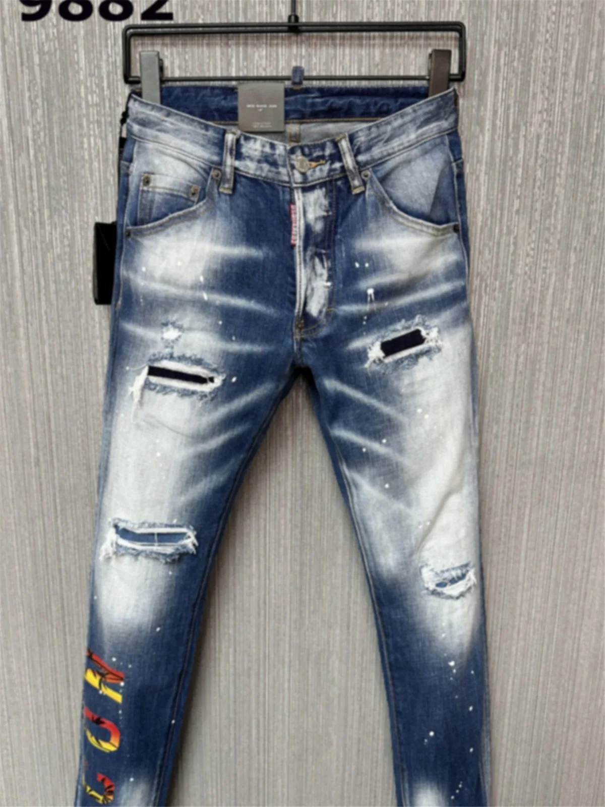 

2025 Spring and Summer New D2 Jeans Trendy Men's Washed Grinding Hole Patch Paint Splash Ink Micro-elastic Feet Blue