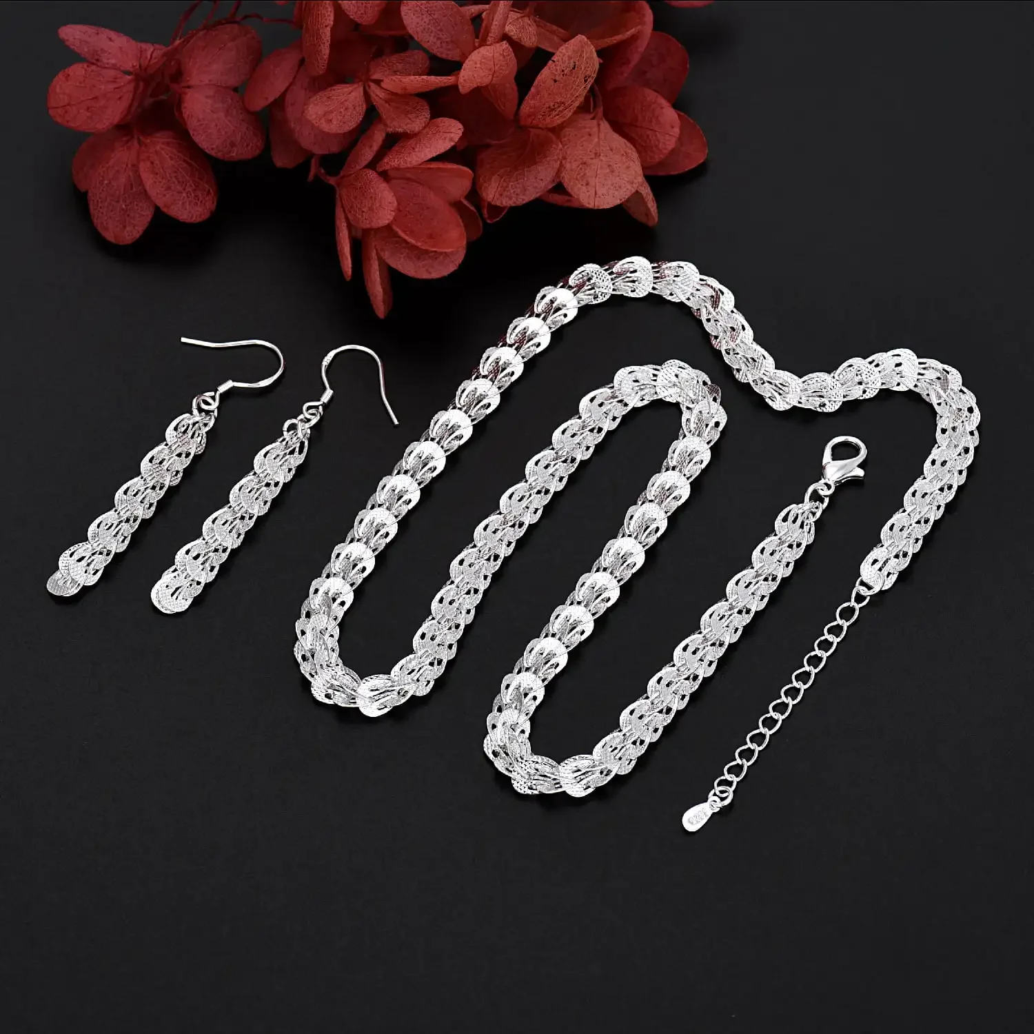 Hot 925 Sterling Silver pretty Necklace and Earring for Women Fashion Party Wedding Street Versatile Jewelry Set Holiday Gifts