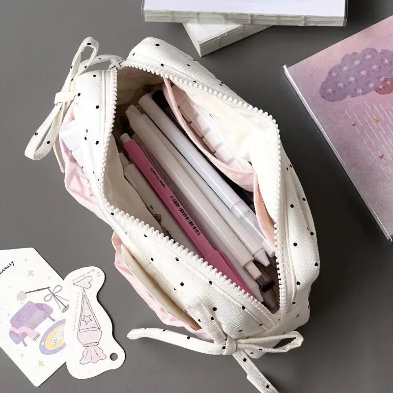 Stylish White Zipper Pencil Bag With Cute Polka Dot Bow, Pink Accents, Large Capacity for School Supplies