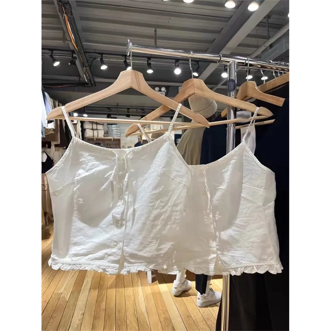 

Белый укороченный топ с рюшами BM Sle Tianna Tank, сексуальный женский топ на пуговицах с бретелями, модная весенняя хлопковая кожаная майка для женщин