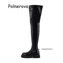 Black Thick-Soled Patent Platform Tight Long Boots Women Sexy Winter Stretch Shoes Round Toe Design Plus Size Solid Elegant Boot