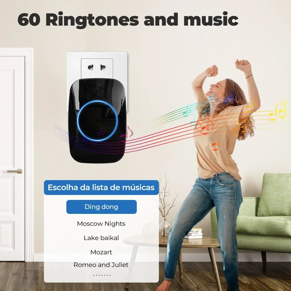 Self Powered Waterproof Wireless DoorBell Door Bell Chime Kit Smart Home No Battery Electric EU UK US Plug 1 2 Button Receiver