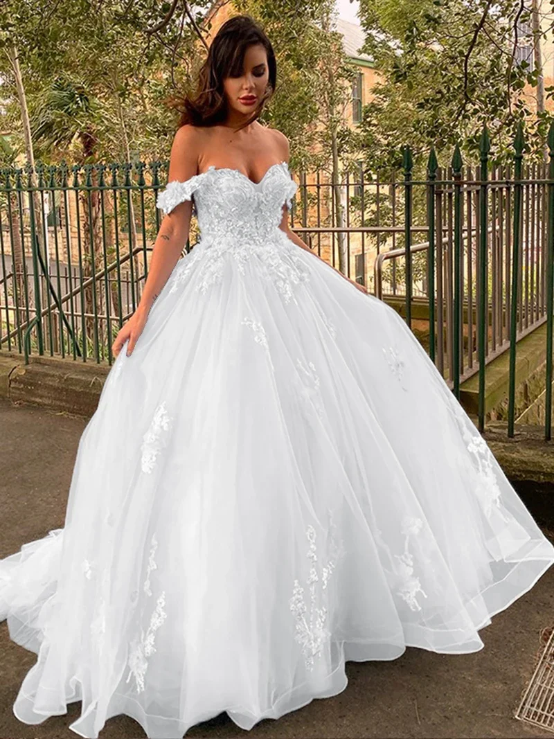 

GDYBAO Вечерние платья с открытыми плечами для женщин, кружевное свадебное платье с бисером и шлейфом, тюлевое бальное платье длиной до пола с оборками